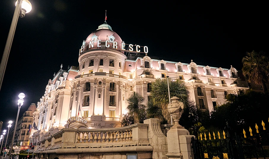 Night view of Le Negresco Hotel during Raquel's 2023 Nice Tour